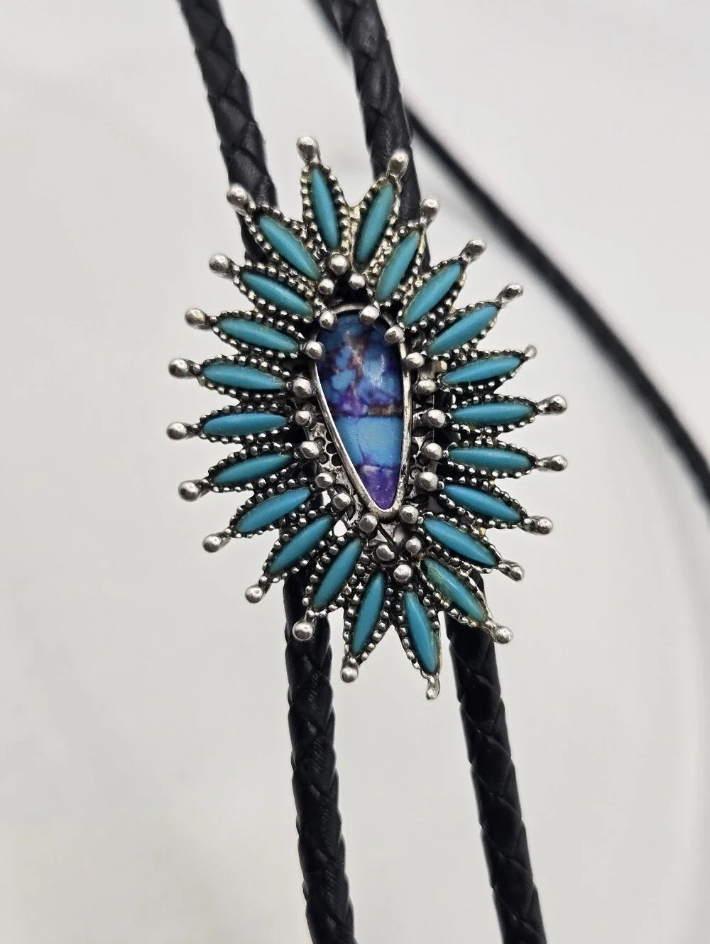 Silver Faux Turquoise Western Bolo Tie Leather Braid Rockstar 70s Aesthetic